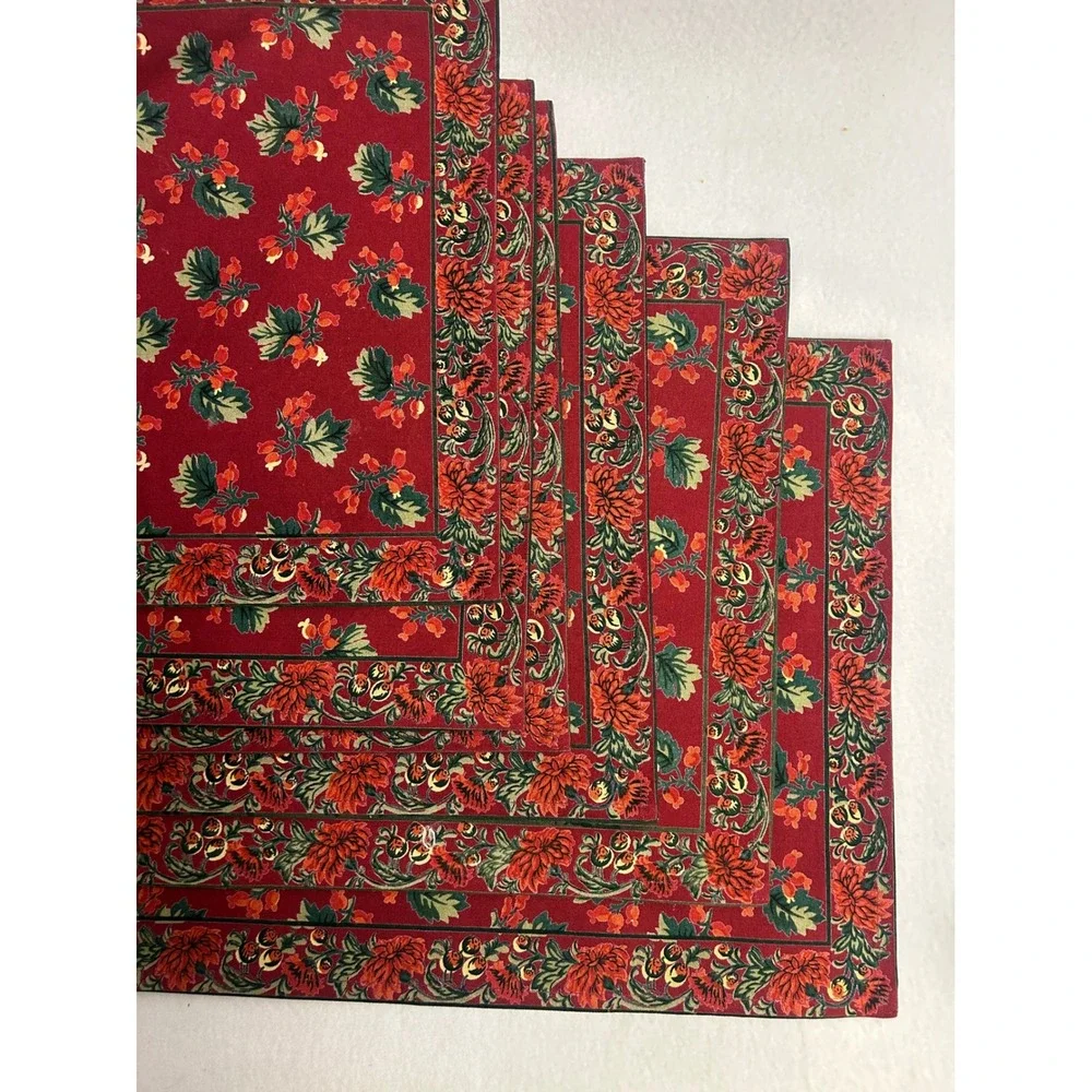 Holiday Cottagecore April Cornell OS Red Holly Berry Cotton Placemats Set 6